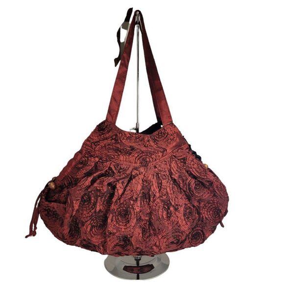 Burgundy Fabric Handbag Red Cloth Handbag Floral Motif Handbag - Picture 1 of 12